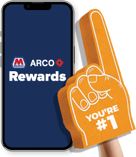 mobile phone showing Marathon ARCO Rewards logo, with coins next to the phone